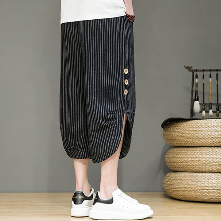 Buddha Stones Casual White Stripes Pattern Drawstring Button Design Men's Cotton Cropped Harem Pants With Pockets - image 15