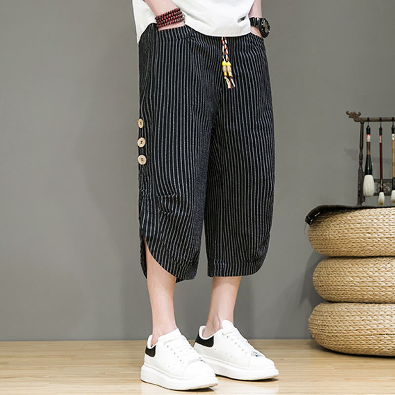 Buddha Stones Casual White Stripes Pattern Drawstring Button Design Men's Cotton Cropped Harem Pants With Pockets - image 17