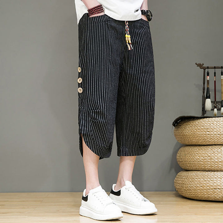 Buddha Stones Casual White Stripes Pattern Drawstring Button Design Men's Cotton Cropped Harem Pants With Pockets - image 17