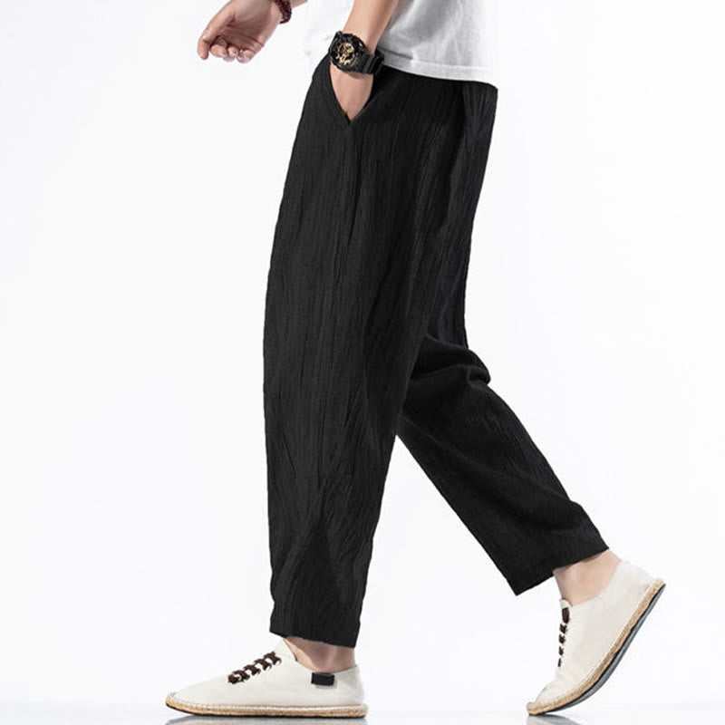 Buddha Stones Casual Plain Pleated Design Drawstring Men's Long Cotton Linen Harem Pants With Pockets - image 25