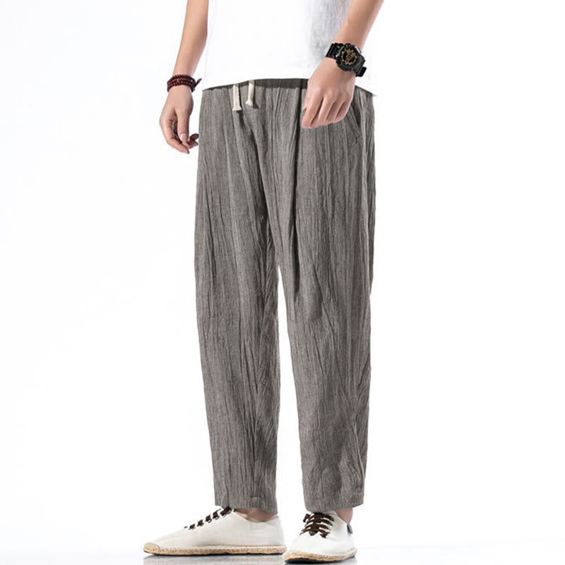 Buddha Stones Casual Plain Pleated Design Drawstring Men's Long Cotton Linen Harem Pants With Pockets - image 21