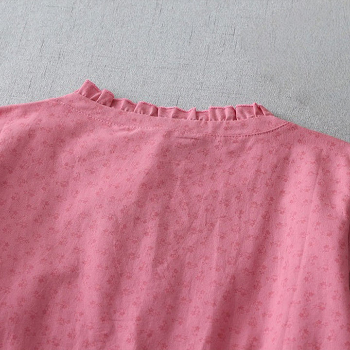 Buddha Stones Casual Retro Solid Color Button Ruffled Crew Neck Design Short Sleeve Cotton Linen Midi Dress With Pockets - image 10