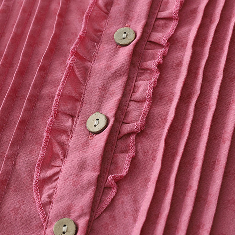 Buddha Stones Casual Retro Solid Color Button Ruffled Crew Neck Design Short Sleeve Cotton Linen Midi Dress With Pockets - image 9