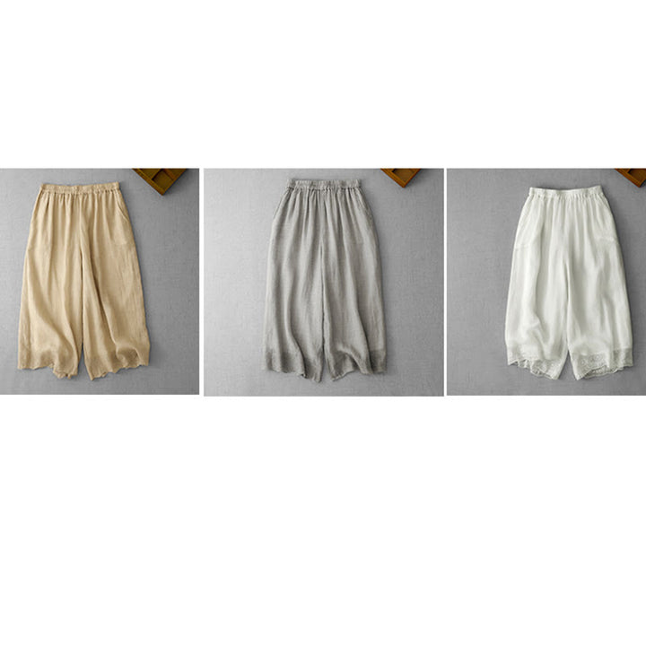 Buddha Stones Commute Solid Color Lace Embroidery Design Cotton Women's Wide Leg Cropped Pants With Pockets - image 26