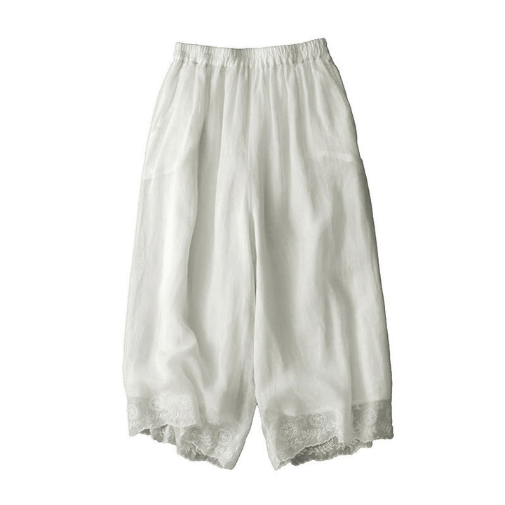 Buddha Stones Commute Solid Color Lace Embroidery Design Cotton Women's Wide Leg Cropped Pants With Pockets - image 7