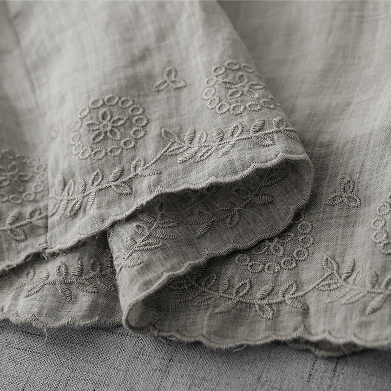 Buddha Stones Commute Solid Color Lace Embroidery Design Cotton Women's Wide Leg Cropped Pants With Pockets - image 13