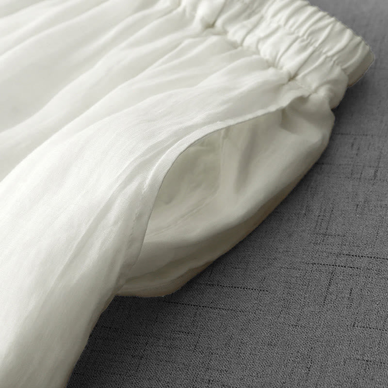 Buddha Stones Commute Solid Color Lace Embroidery Design Cotton Women's Wide Leg Cropped Pants With Pockets - image 3