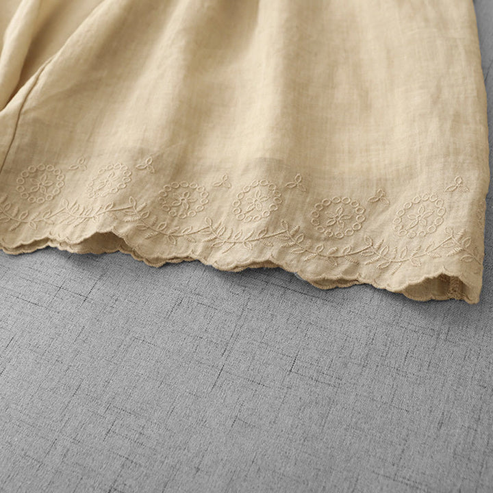 Buddha Stones Commute Solid Color Lace Embroidery Design Cotton Women's Wide Leg Cropped Pants With Pockets - image 21