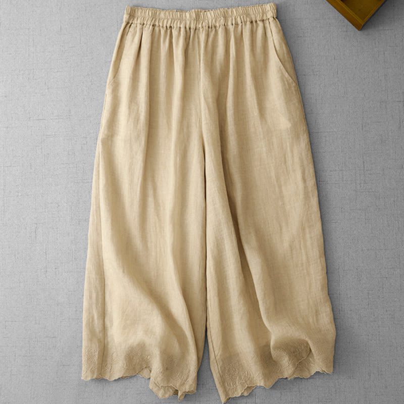 Buddha Stones Commute Solid Color Lace Embroidery Design Cotton Women's Wide Leg Cropped Pants With Pockets - image 15