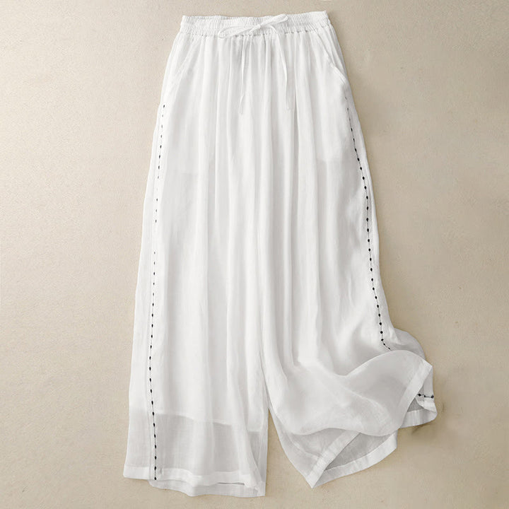 Buddha Stones Commute Solid Color Embroidery Drawstring Women's Wide Leg Ankle-Length Pants With Pockets - White - US8-10，UK/AU12-14，EU40-42 (2XL) - image 8