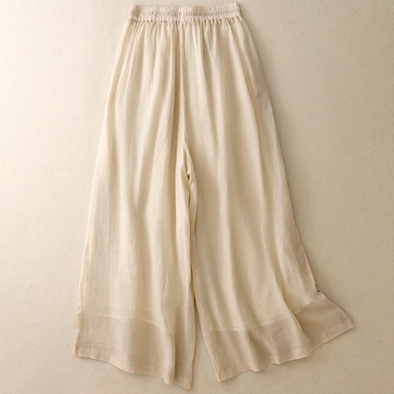 Buddha Stones Commute Solid Color Embroidery Drawstring Women's Wide Leg Ankle-Length Pants With Pockets - image 1