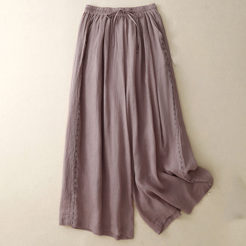 Buddha Stones Commute Solid Color Embroidery Drawstring Women's Wide Leg Ankle-Length Cotton Pants With Pockets - RosyBrown - US8-10，UK/AU12-14，EU40-42 (2XL) - image 16