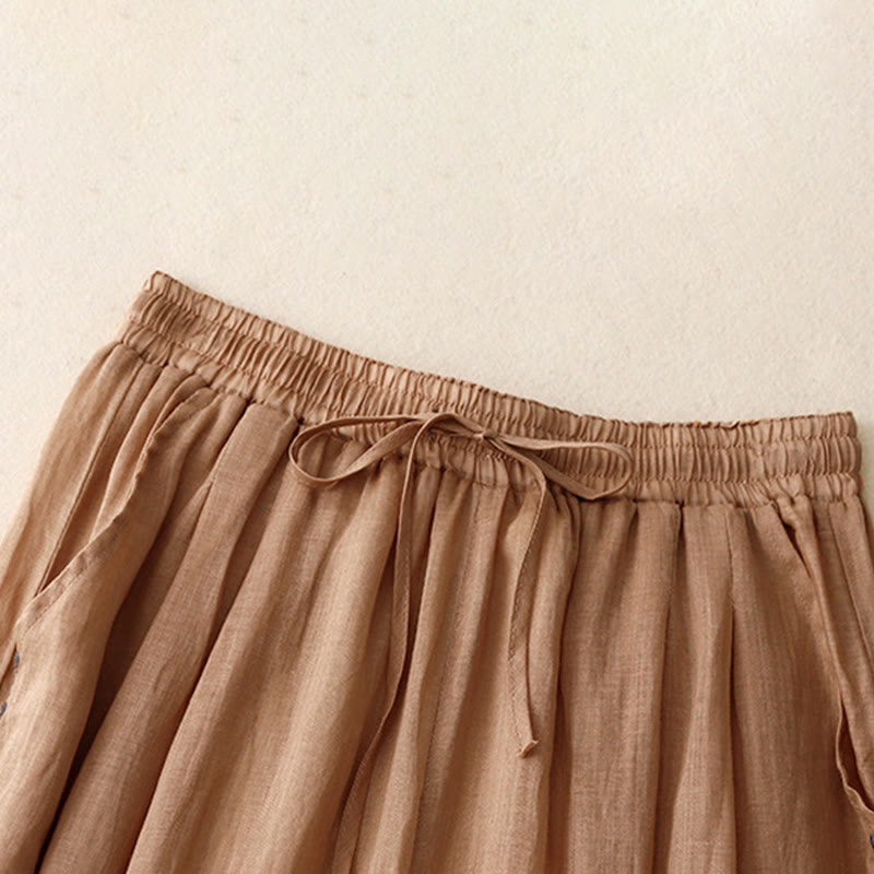 Buddha Stones Commute Solid Color Embroidery Drawstring Women's Wide Leg Ankle-Length Cotton Pants With Pockets - image 21