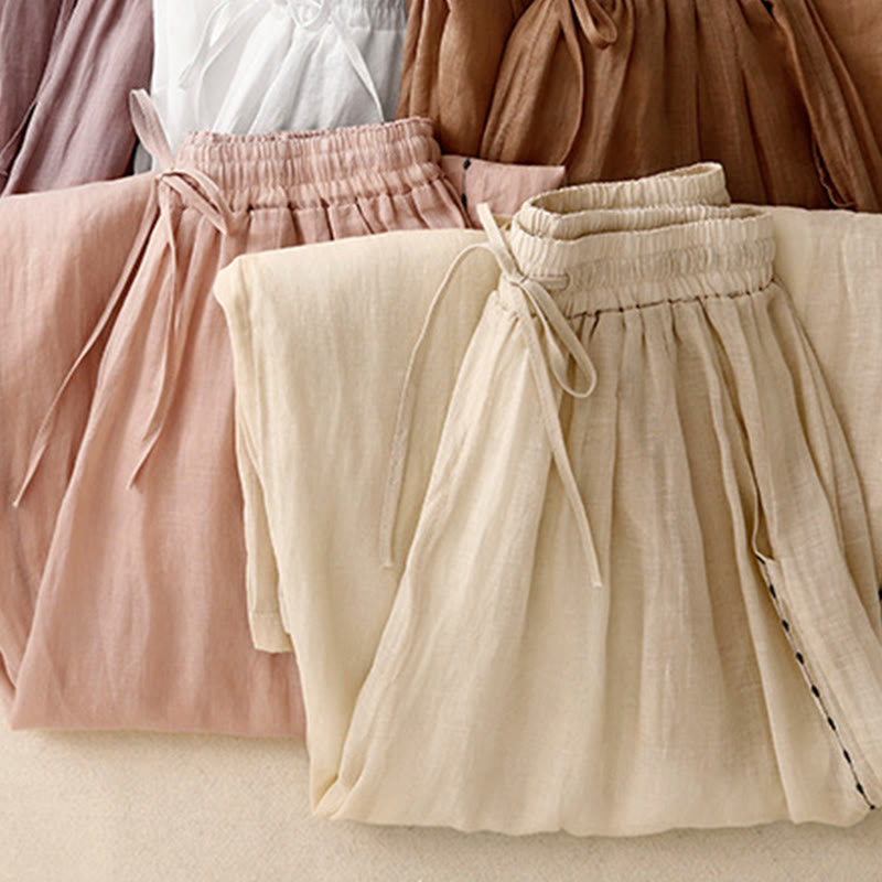 Buddha Stones Commute Solid Color Embroidery Drawstring Women's Wide Leg Ankle-Length Cotton Pants With Pockets - image 24