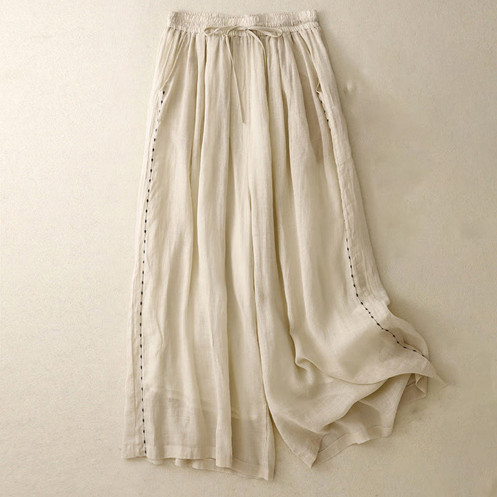 Buddha Stones Commute Solid Color Embroidery Drawstring Women's Wide Leg Ankle-Length Cotton Pants With Pockets - PaleGoldenrod - US8-10，UK/AU12-14，EU40-42 (2XL) - image 0