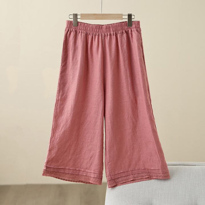 Buddha Stones Commute Retro Plain Lace Patchwork Design 7-8 Length Women's Wide Leg Cotton Pants With Pockets - LightCoral - US8-10，UK/AU12-14，EU40-42 (2XL) - image 10