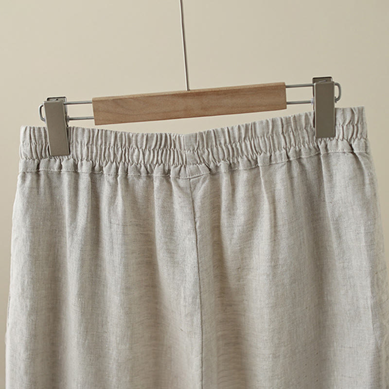 Buddha Stones Commute Retro Plain Lace Patchwork Design 7-8 Length Women's Wide Leg Cotton Pants With Pockets - image 3