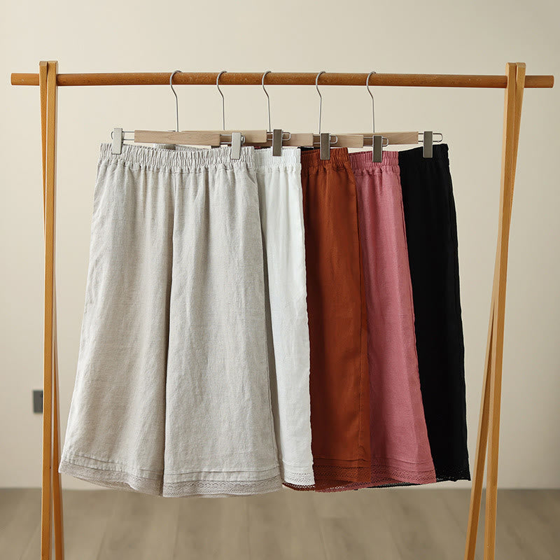 Buddha Stones Commute Retro Plain Lace Patchwork Design 7-8 Length Women's Wide Leg Cotton Pants With Pockets - image 27