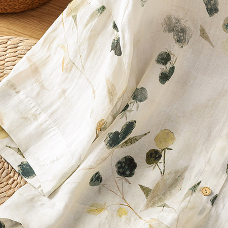 Buddha Stones Plant Printed V-neck Button Design Women's Polyester Three Quarter Sleeve Shirt - image 7