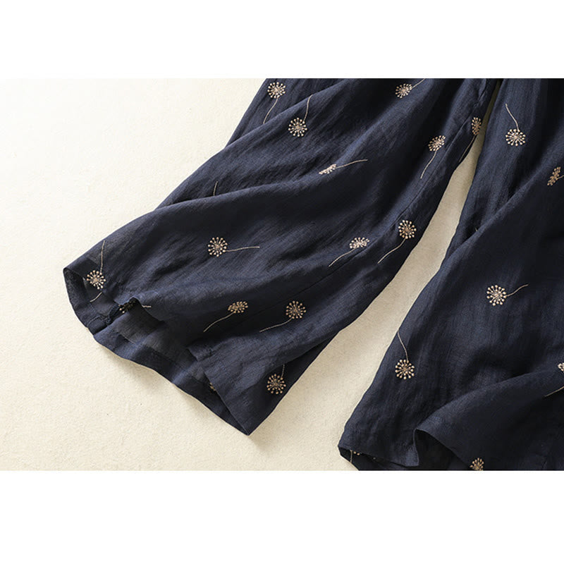 Buddha Stones MidnightBlue Commute Casual Dandelion Pattern Women's Wide Leg Cotton Linen Pants - image 9