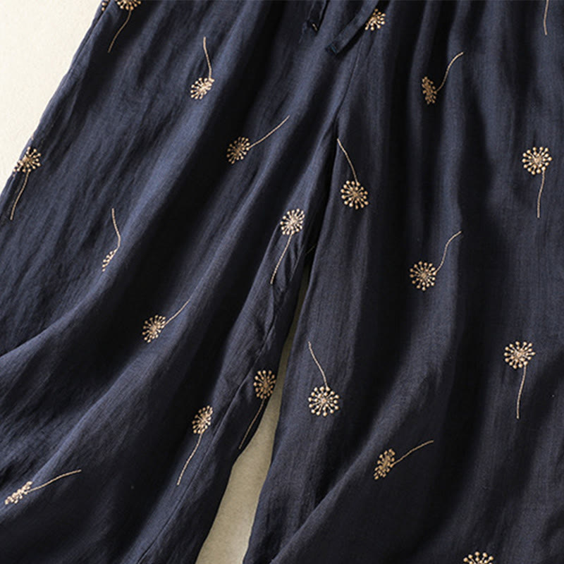 Buddha Stones MidnightBlue Commute Casual Dandelion Pattern Women's Wide Leg Cotton Linen Pants - image 6