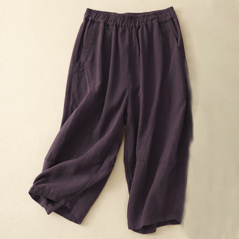 Buddha Stones Commute Casual Pure Color Women's Wide Leg Cotton Cropped Pants With Pockets - Purple - US8-10，UK/AU12-14，EU40-42 (2XL) - image 12