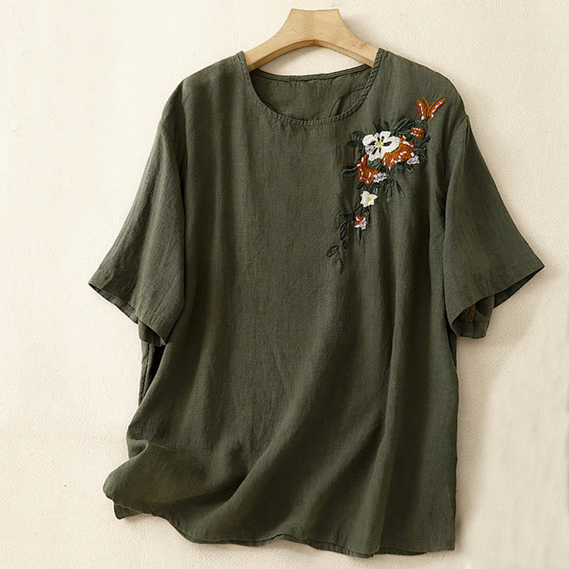Buddha Stones Casual Summer Embroidered Crew Neck Women's  Cotton Short Sleeve T-shirt - DarkOliveGreen - US14，UK/AU18，EU46 (2XL) - image 16