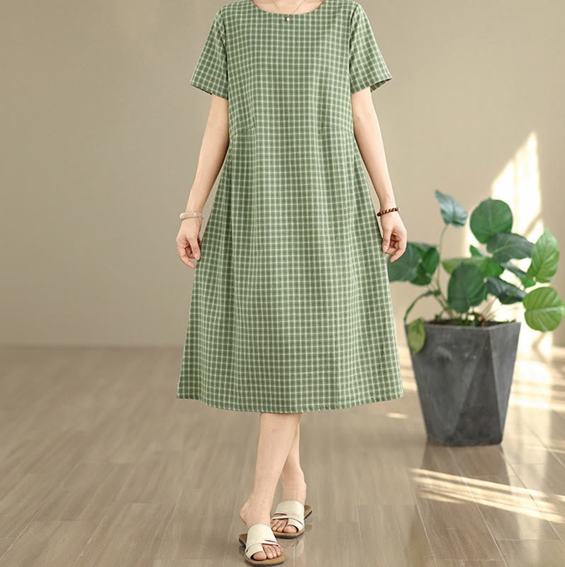 Buddha Stones Retro Solid Color Plaid Pattern Crew Neck Short Sleeve Cotton Linen Midi Dress With Pockets - image 14