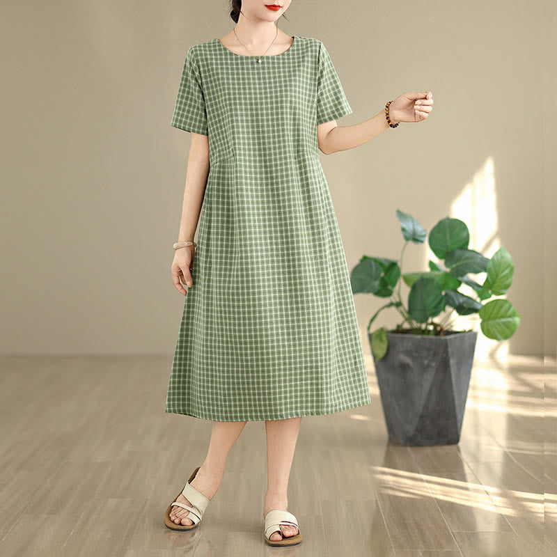 Buddha Stones Retro Solid Color Plaid Pattern Crew Neck Short Sleeve Cotton Linen Midi Dress With Pockets - MediumSeaGreen - US8-10，UK/AU12-14，EU40-42 (2XL) - image 10