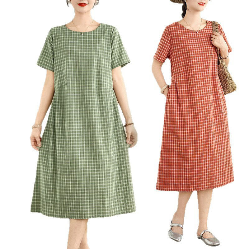 Buddha Stones Retro Solid Color Plaid Pattern Crew Neck Short Sleeve Cotton Linen Midi Dress With Pockets - image 17