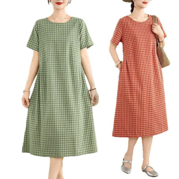 Buddha Stones Retro Solid Color Plaid Pattern Crew Neck Short Sleeve Cotton Linen Midi Dress With Pockets - image 17