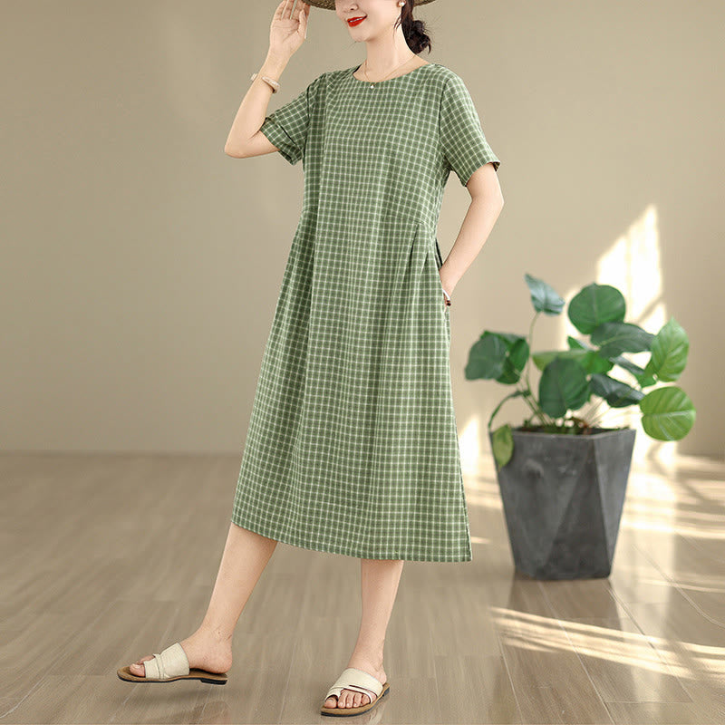 Buddha Stones Retro Solid Color Plaid Pattern Crew Neck Short Sleeve Cotton Linen Midi Dress With Pockets - image 12