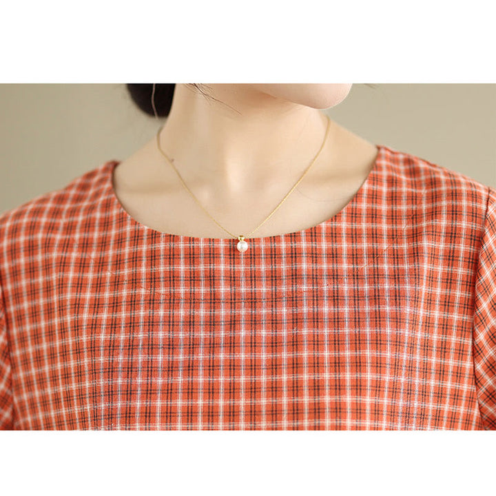 Buddha Stones Retro Solid Color Plaid Pattern Crew Neck Short Sleeve Cotton Linen Midi Dress With Pockets - image 7