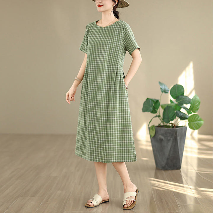 Buddha Stones Retro Solid Color Plaid Pattern Crew Neck Short Sleeve Cotton Linen Midi Dress With Pockets - image 13