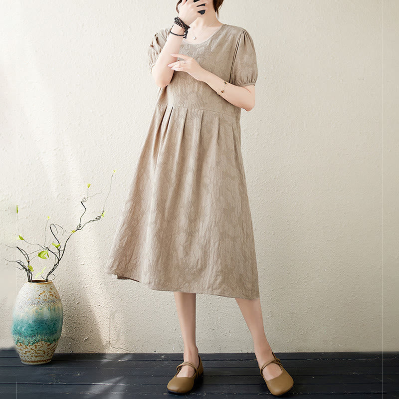 Buddha Stones Casual Solid Color Jacquard Crew Neck Short Puff Sleeve Cotton Linen Midi Dress - image 15