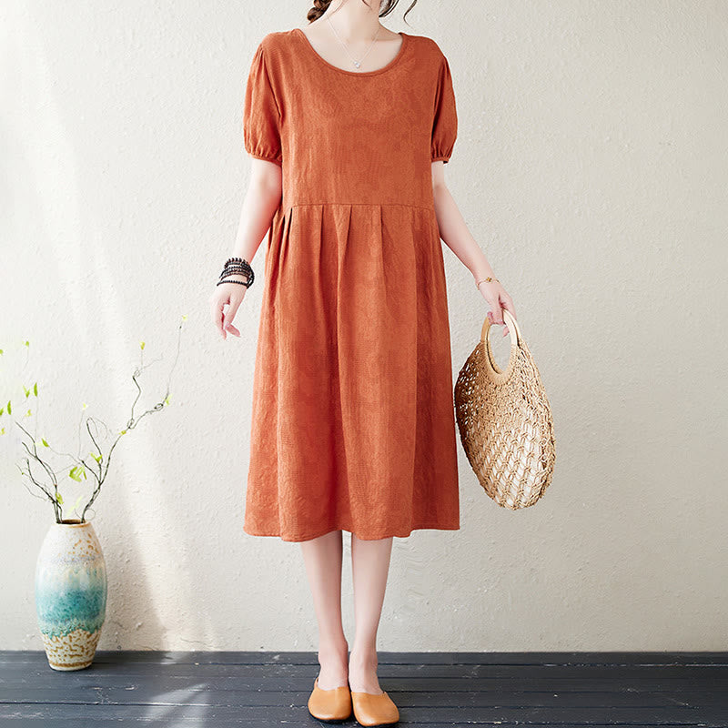 Buddha Stones Casual Solid Color Jacquard Crew Neck Short Puff Sleeve Cotton Linen Midi Dress - image 2