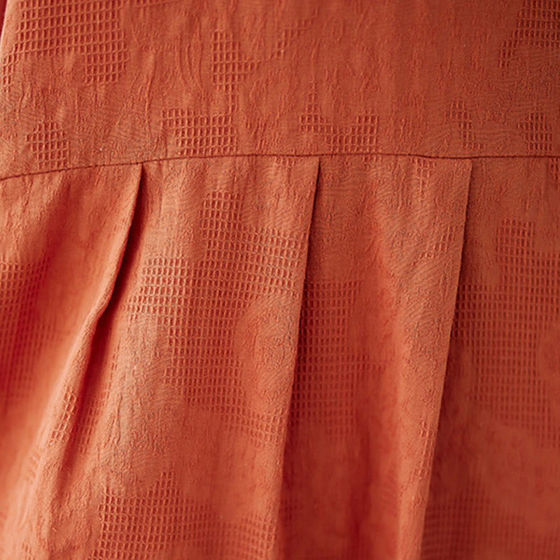 Buddha Stones Casual Solid Color Jacquard Crew Neck Short Puff Sleeve Cotton Linen Midi Dress - image 10