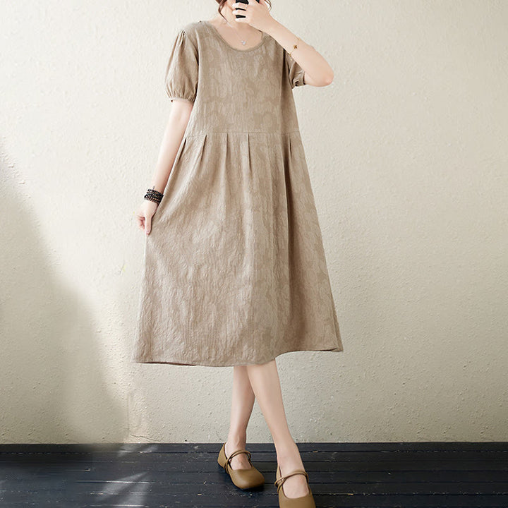 Buddha Stones Casual Solid Color Jacquard Crew Neck Short Puff Sleeve Cotton Linen Midi Dress - image 14