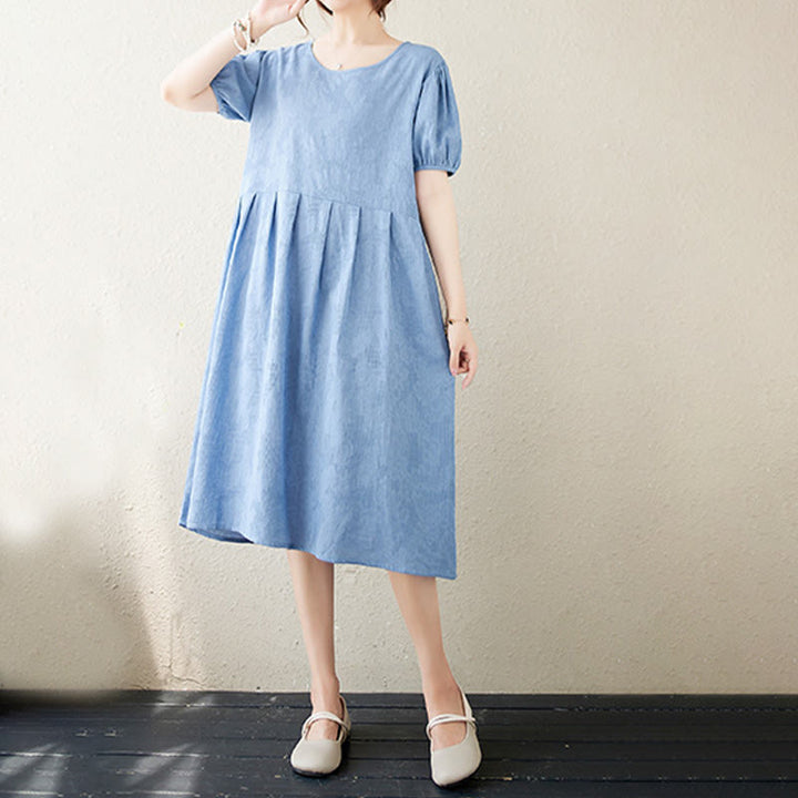 Buddha Stones Casual Solid Color Jacquard Crew Neck Short Puff Sleeve Cotton Linen Midi Dress - image 22