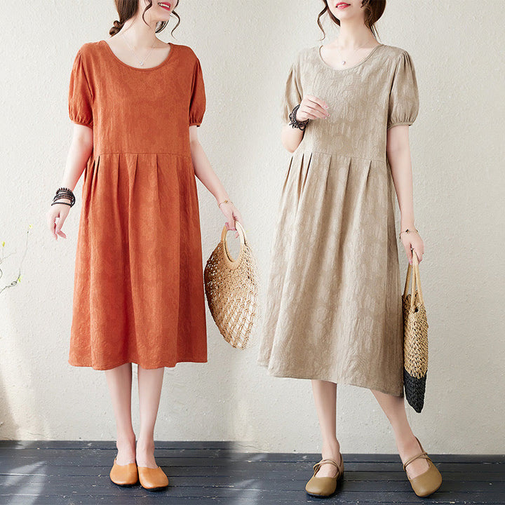 Buddha Stones Casual Solid Color Jacquard Crew Neck Short Puff Sleeve Cotton Linen Midi Dress - image 23