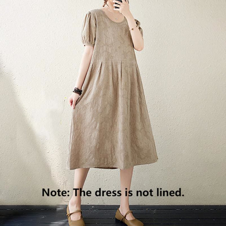 Buddha Stones Casual Solid Color Jacquard Crew Neck Short Puff Sleeve Cotton Linen Midi Dress - image 12