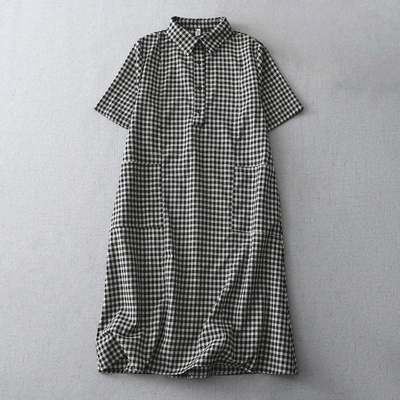 Buddha Stones Casual Vintage Plaid Pattern Lapel Short Sleeve Cotton Midi Dress With Pockets - Black - US8-10，UK/AU12-14，EU40-42 (2XL) - image 0