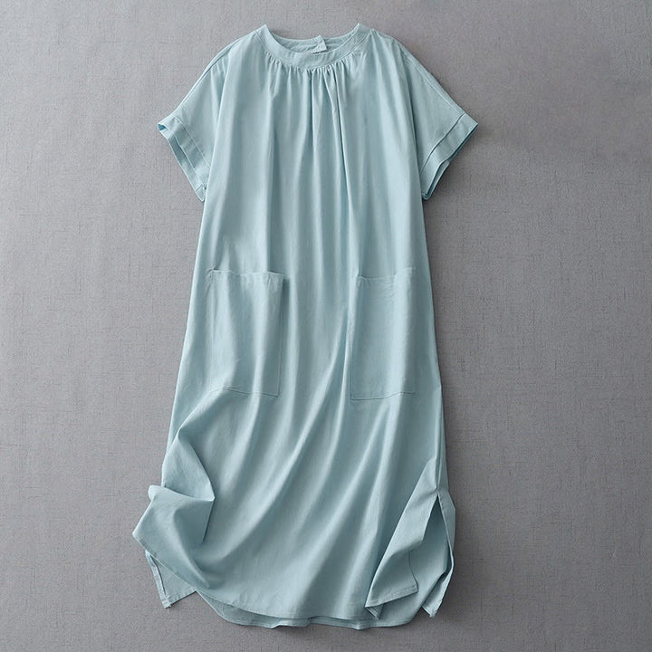 Buddha Stones Casual Pure Color Back Buttons Design Crew Neck Short Sleeve Cotton Linen Midi Dress With Pockets - PaleTurquoise - US14，UK/AU18，EU46 (2XL) - image 0