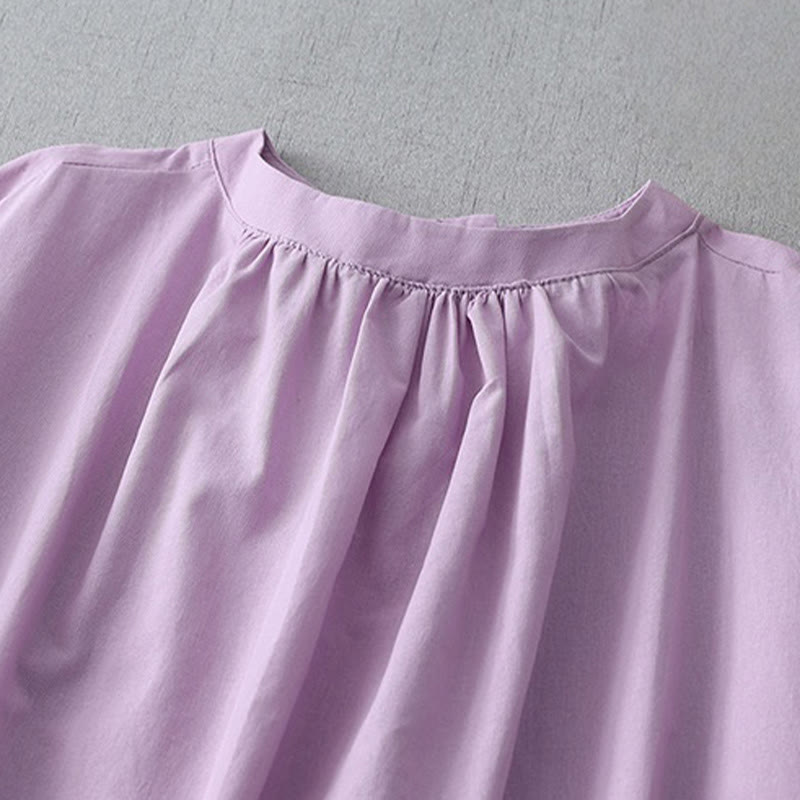 Buddha Stones Casual Pure Color Back Buttons Design Crew Neck Short Sleeve Cotton Linen Midi Dress With Pockets - image 18