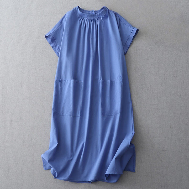 Buddha Stones Casual Pure Color Back Buttons Design Crew Neck Short Sleeve Cotton Linen Midi Dress With Pockets - RoyalBlue - US14，UK/AU18，EU46 (2XL) - image 10