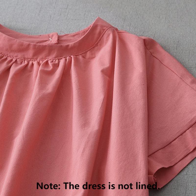 Buddha Stones Casual Pure Color Back Buttons Design Crew Neck Short Sleeve Cotton Linen Midi Dress With Pockets - image 6