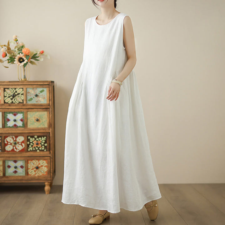 Buddha Stones FloralWhite Casual Back Buttons Design Sleeveless Cotton Midi Dress With Pockets - image 3