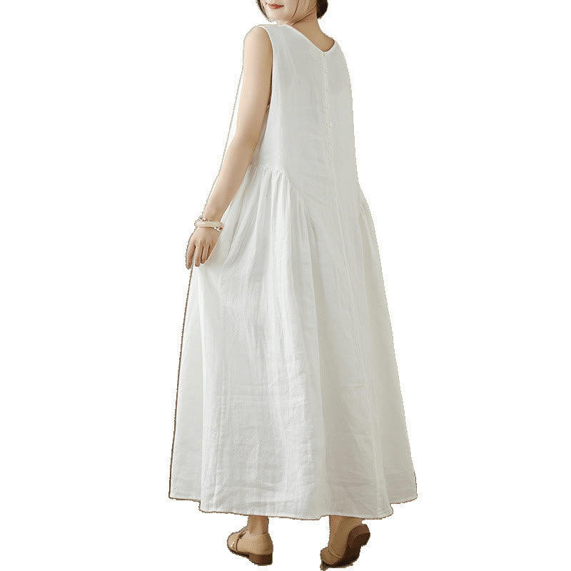 Buddha Stones FloralWhite Casual Back Buttons Design Sleeveless Cotton Midi Dress With Pockets - image 12