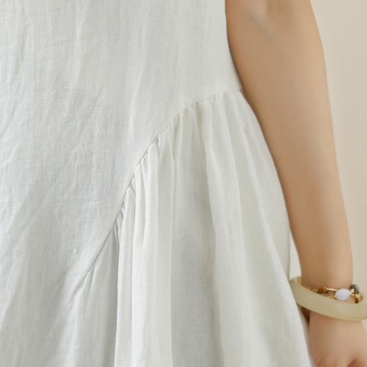 Buddha Stones FloralWhite Casual Back Buttons Design Sleeveless Cotton Midi Dress With Pockets - image 9