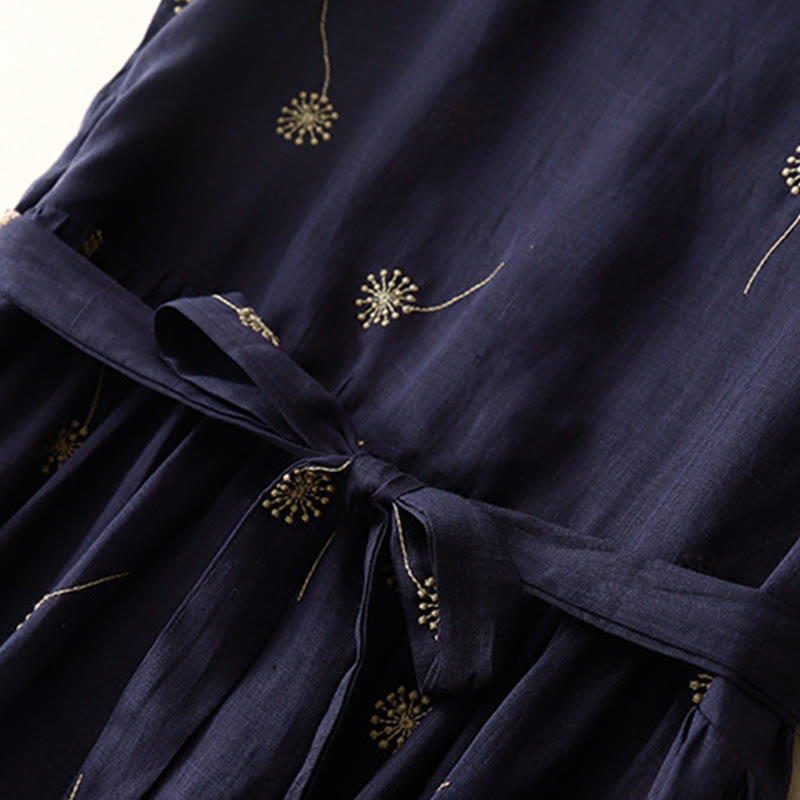 Buddha Stones MidnightBlue Printing Lace-Up Design Sleeveless Cotton Midi Dress With Pockets - image 5